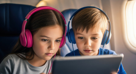 Young girl and boy wearing colorful headphones, engrossed in a digital tablet during an airplane journey. kids travel entertainment.の素材