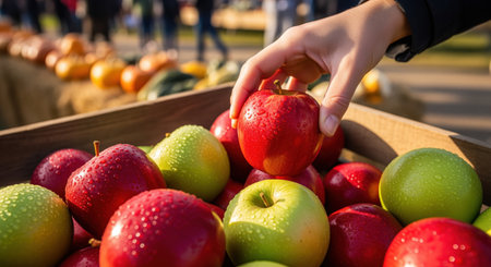 Hand picking a crisp red apple with water droplets from a wooden crate filled with fresh red and green apples at a vibrant farmers market. healthy eating, harvest, and natural produce.の素材