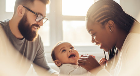Multiracial family, a man, woman, and baby, sharing a joyful moment at home. baby laughs while parents interact lovingly in warm sunlight, showing family bond and happiness.の素材