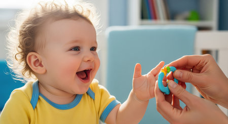 Happy baby boy with curly blonde hair laughing, interacting with an adult hands holding a colorful teether toy. childhood, development, and care concept.の素材