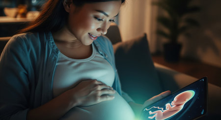 Asian pregnant woman viewing a 3D fetus on a digital tablet, with her hand gently resting on her belly. the screen glow illuminates her face and abdomen, symbolizing new life and medical technology.の素材