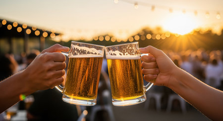Hands clinking two glass mugs of golden beer, foam on top, against a warm sunset backdrop. outdoor event with bokeh lights and blurred crowd in a festive setting.の素材