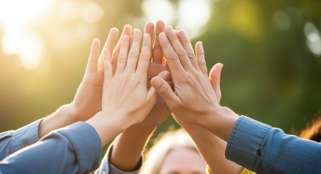 Diverse hands enthusiastically giving a high five, symbolizing teamwork, unity, and success. warm sunlight shines through a blurred green and yellow bokeh background.の素材