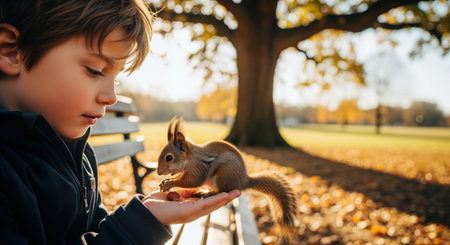 Young boy feeding a small squirrel a nut from his open hand in a sunny autumn park. childhood interaction with wildlife and nature.の素材