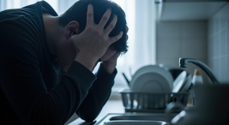 Man clutching his head with both hands, hunched over a kitchen sink, expressing severe stress, despair, and mental pain. the scene conveys feelings of anxiety, depression, and hopelessness.の素材