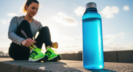 Blue reusable water bottle with condensation on a stone surface, filled with clear liquid. a woman in athletic wear ties her neon green running shoes, preparing for an outdoor workout.の素材