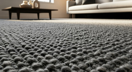Dark grey textured rug with a distinct bobble weave, showcasing its intricate pattern and soft material. modern living room interior with a sofa and coffee table in the blurred background.の素材