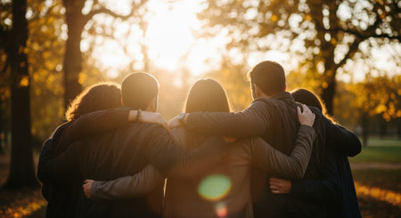 Five friends embracing, seen from behind, silhouetted against the golden sun in an autumn park. represents friendship, unity, and support.の素材