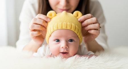 Newborn baby with wide blue eyes wearing a yellow knitted bear hat, lying on a soft white blanket. mother hands gently adjust the hat, symbolizing care, love, and new life.の素材