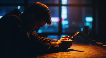 Man in silhouette intensely focused on a vintage flip phone at a dimly lit bar, with blurred neon lights in the background, conveying themes of communication, nostalgia, and solitude.の素材