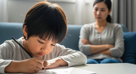Young asian boy diligently drawing or writing on paper with a pencil, while his mother sits in the background with a serious expression, arms crossed. focus on education and parental supervision.の素材