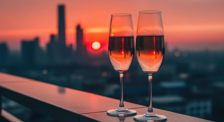 Elegant champagne flutes filled with sparkling rose wine on a balcony railing, overlooking a vibrant orange city sunset. perfect for celebration, romance, and luxury concepts.の素材