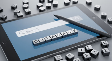 Digital tablet displaying a search bar on its screen, with letter cubes spelling DATABASE and a stylus. represents concepts of data organization, information retrieval, and digital technology.の素材