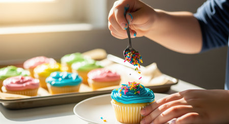 Child hands carefully placing colorful sprinkles onto a freshly frosted blue cupcake. a tray of other vibrant cupcakes sits in the background, highlighting a fun baking activity.の素材