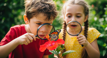 Young boy and girl with magnifying glasses intently observing a monarch butterfly perched on a vibrant red hibiscus flower in a lush garden, fostering curiosity and learning about nature.の素材