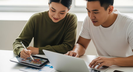 Young asian woman drawing on a digital tablet with a stylus while a young asian man works on a laptop next to her. they are collaborating on a creative project in a bright office.の素材