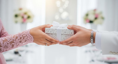 Two hands, one female with a lace sleeve and ring, one male with a watch, exchanging a white gift box with a ribbon. elegant celebration setting.の素材
