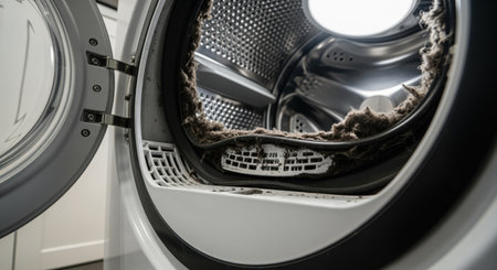 Dirty washing machine drum interior with heavy lint and grime accumulation around the rubber seal and filter. highlights appliance maintenance, cleaning, and hygiene issues in a household laundry setting.の素材