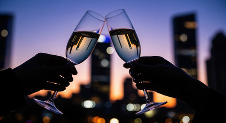 Silhouetted hands clinking champagne flutes filled with sparkling wine against a blurred city skyline at sunset. represents celebration, luxury, and special occasions.の素材
