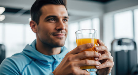 Fit man in a light blue athletic top holding a glass of fresh orange juice. he is smiling, looking away, in a bright gym setting, symbolizing health and wellness.の素材