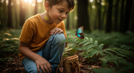 Young boy kneeling in a sunlit forest, observing a vibrant blue butterfly perched on a green fern leaf. childhood wonder, nature exploration, and wildlife discovery in a peaceful woodland setting.の素材