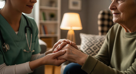 Compassionate home care nurse holding the hand of an elderly patient, providing comfort, support, and reassurance in a warm indoor setting.の素材