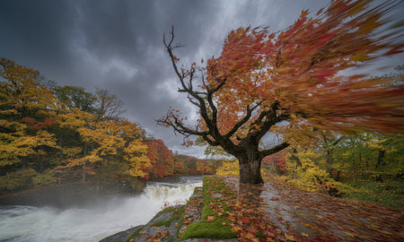 Vibrant autumn maple tree with red and orange leaves caught in a powerful storm, creating motion blur. a rushing waterfall and dark, cloudy sky complete the dramatic natural scene.の素材
