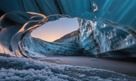 Inside a stunning glacial ice cave, featuring translucent blue ice walls, an arched opening revealing a twilight sky, and icy ground. mist hovers over the water, highlighting the cold, pristine environment.の素材