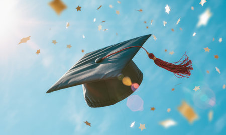 Black graduation cap with a red tassel tossed high into a vibrant blue sky, surrounded by sparkling golden confetti and star shapes. represents achievement, success, and celebration.の素材