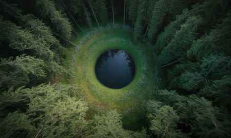 Circular forest clearing with a dark pond at its center, surrounded by dense evergreen trees, creating a natural eye like formation from an aerial perspective.の素材