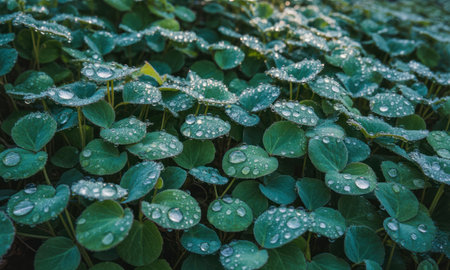 Emerald green leaves densely covered with sparkling dewdrops, creating a fresh and vibrant natural texture. close up view of morning moisture on foliage.の素材