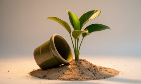 Small vibrant green plant with broad leaves emerges from a mound of soil, next to a fallen ceramic pot. represents growth, new beginnings, and environmental care.の素材