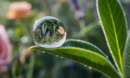 Crystal ball reflecting an inverted vibrant garden with pink roses and purple flowers, resting on a green leaf with sparkling dewdrops. focus on nature delicate beauty and intricate details.の素材