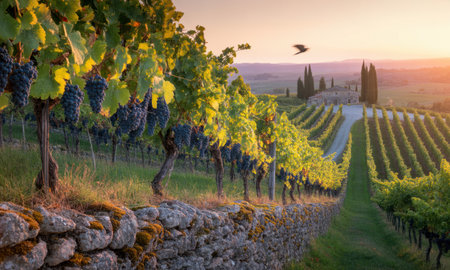 Sprawling vineyard landscape bathed in warm golden sunset light. rows of grapevines with ripe dark grapes, a rustic stone wall, and a distant traditional house with cypress trees in a rural setting.の素材