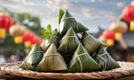Traditional zongzi sticky rice dumplings wrapped in green bamboo leaves, arranged in a pyramid shape. festive chinese lanterns blur in the background, celebrating dragon boat festival.の素材
