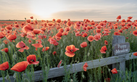 Vast field of vibrant red poppies blooming under a golden sunset sky. a rustic wooden fence with a poppy meadow sign marks the edge of the beautiful flower landscape.の素材