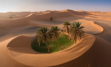 Vast desert landscape with an oasis featuring green grass and tall palm trees, surrounded by endless golden sand dunes under a clear sky.の素材