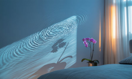 Shimmering sunlight reflections create dynamic water ripple patterns on a pale wall, alongside a vibrant pink orchid in a tranquil bedroom setting.の素材