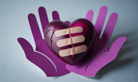 Cracked dark magenta heart with three adhesive bandages, resting on purple paper cut out hands. symbolizes healing, care, support, and recovery from emotional pain or heartbreak.の素材