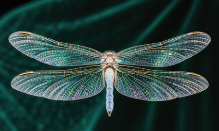 Delicate dragonfly with translucent iridescent wings, showcasing intricate venation and a detailed body against a dark green backdrop.の素材