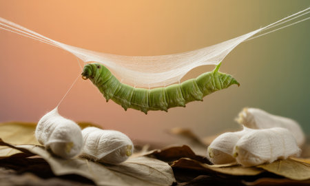A vibrant green silkworm actively spins delicate silk strands, creating a protective hammock above several white cocoons resting on dried leaves, illustrating the life cycle.の素材