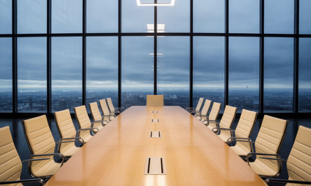 Spacious modern conference room with a long wooden table and beige chairs, set in a high rise office building. large windows offer a panoramic city view under a cloudy sky, symbolizing corporate power and global business.の素材