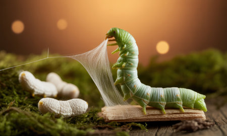 Green silkworm actively spinning fine silk threads, creating a delicate web structure. several white cocoons rest on green moss in the background, illustrating the life cycle and silk production process.の素材