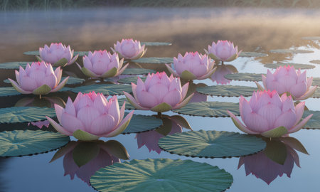 Vibrant pink lotus flowers with green lily pads gracefully floating on tranquil water, reflecting the soft light of dawn. symbolizes purity, peace, and spiritual awakening.の素材
