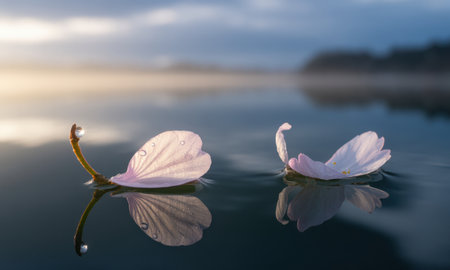 Two delicate light pink cherry blossom petals with water droplets gently float on still, reflective water. soft morning light illuminates the serene natural scene.の素材