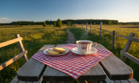 Warm tea and biscuits served on a rustic wooden table with a checkered cloth, set in a peaceful, sunlit green field with a path and fence.の素材