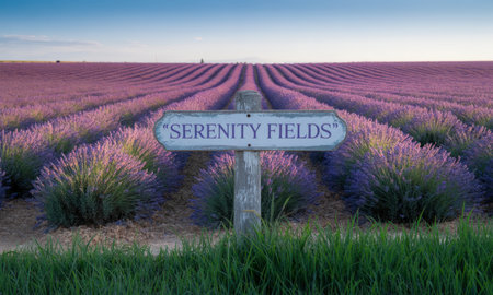 Wooden sign serenity fields standing in a vast, neatly planted field of deep purple lavender plants stretching to the horizon under a clear blue sky.の素材