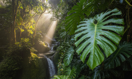 Golden sunbeams pierce through the dense canopy of a vibrant tropical rainforest, illuminating a serene cascading waterfall and lush green plants, including a large monstera leaf. focus on natural beauty and tranquility.の素材