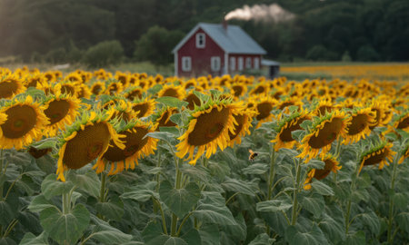 Vast field of vibrant yellow sunflowers under a soft sky, with a traditional red house visible in the distance and a bee flying over the blossoms.の素材
