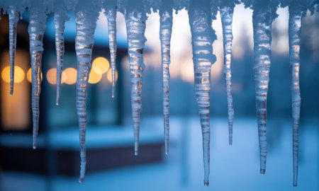 Transparent icicles hanging with intricate details, reflecting light against a soft, blurred winter background with warm bokeh lights. represents cold weather, frost, and the beauty of winter.の素材